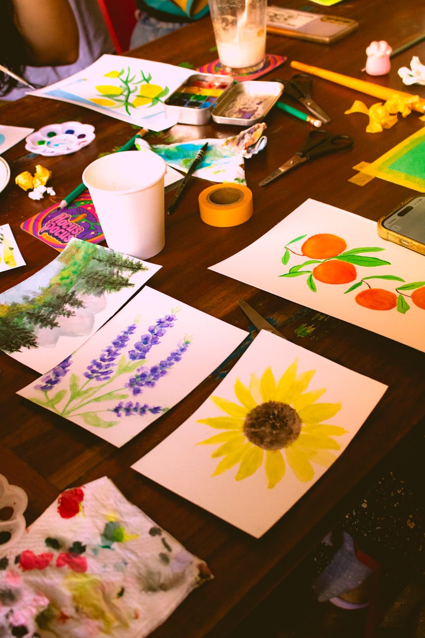 vibrant art classroom with paintings and supplies